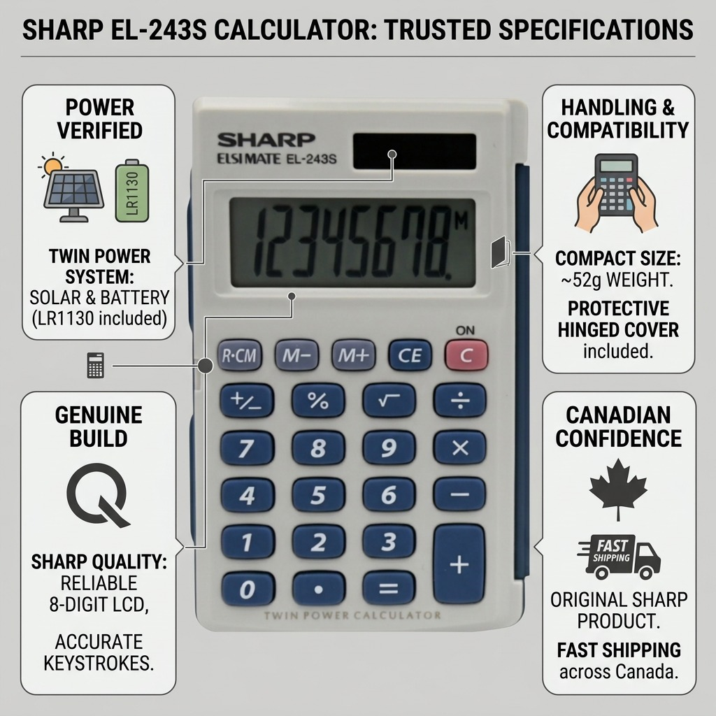 Sharp EL-243S calculator trust infographic with key specs: 8-digit, twin power, compact, and fast Canadian shipping.