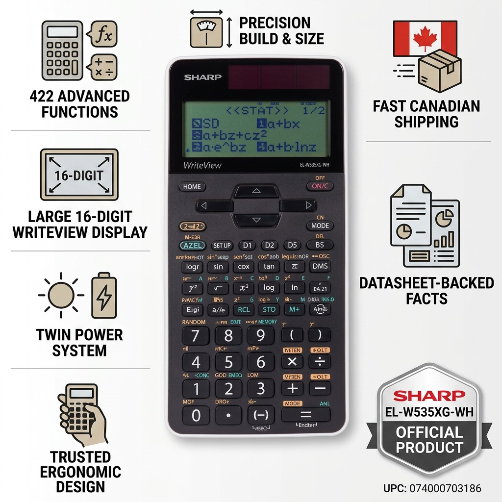 Infographic matrix for the Sharp EL-W535XG-WH calculator, highlighting functions and trust cues.