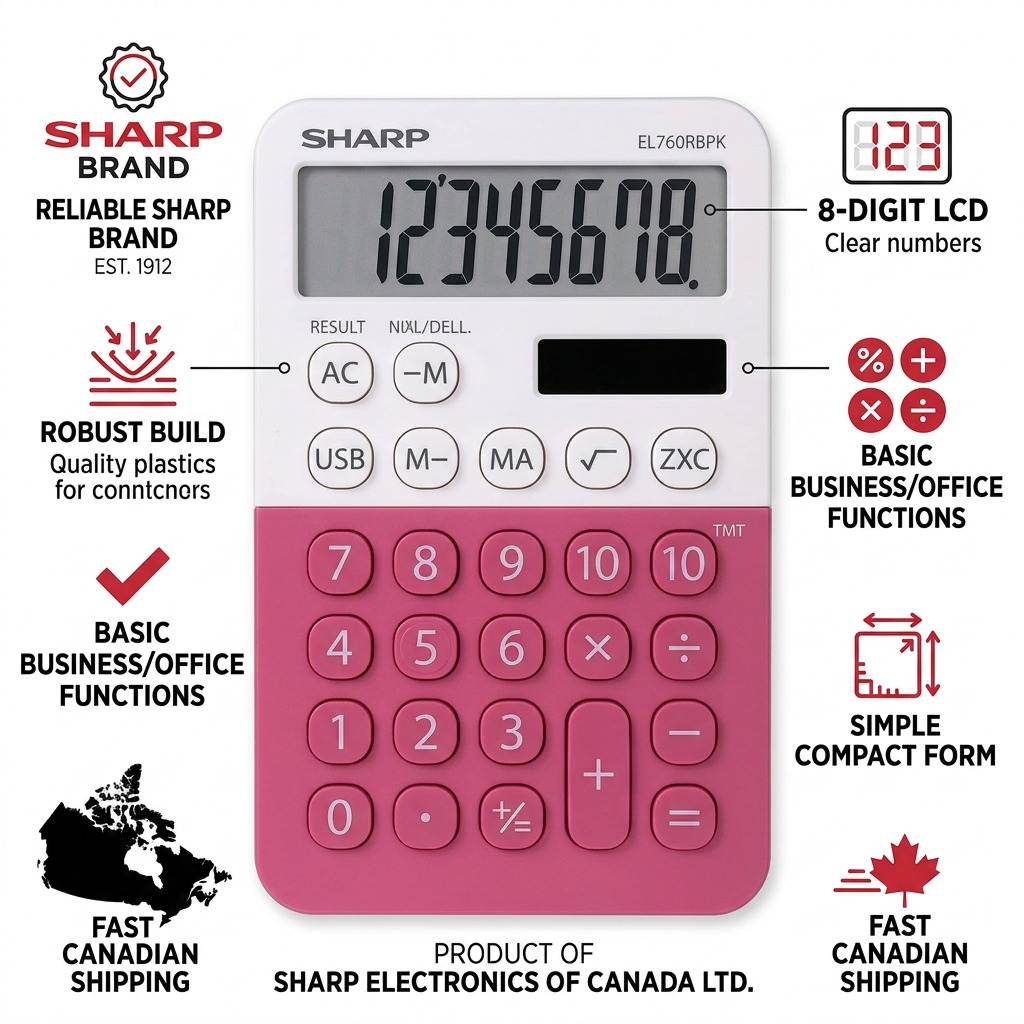 An infographic for the SHARP EL760RBPK calculator showing features, build, and fast Canadian shipping.