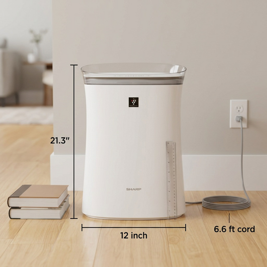 A scale reference photo showing the SHARP FPK50UW air purifier near household items.