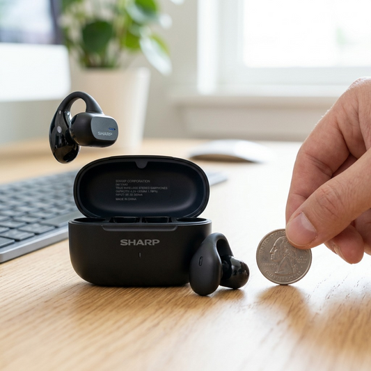 Sharp HP-TW45-BK earclip earbuds, charging case open, next to a US quarter on a desk for scale reference.