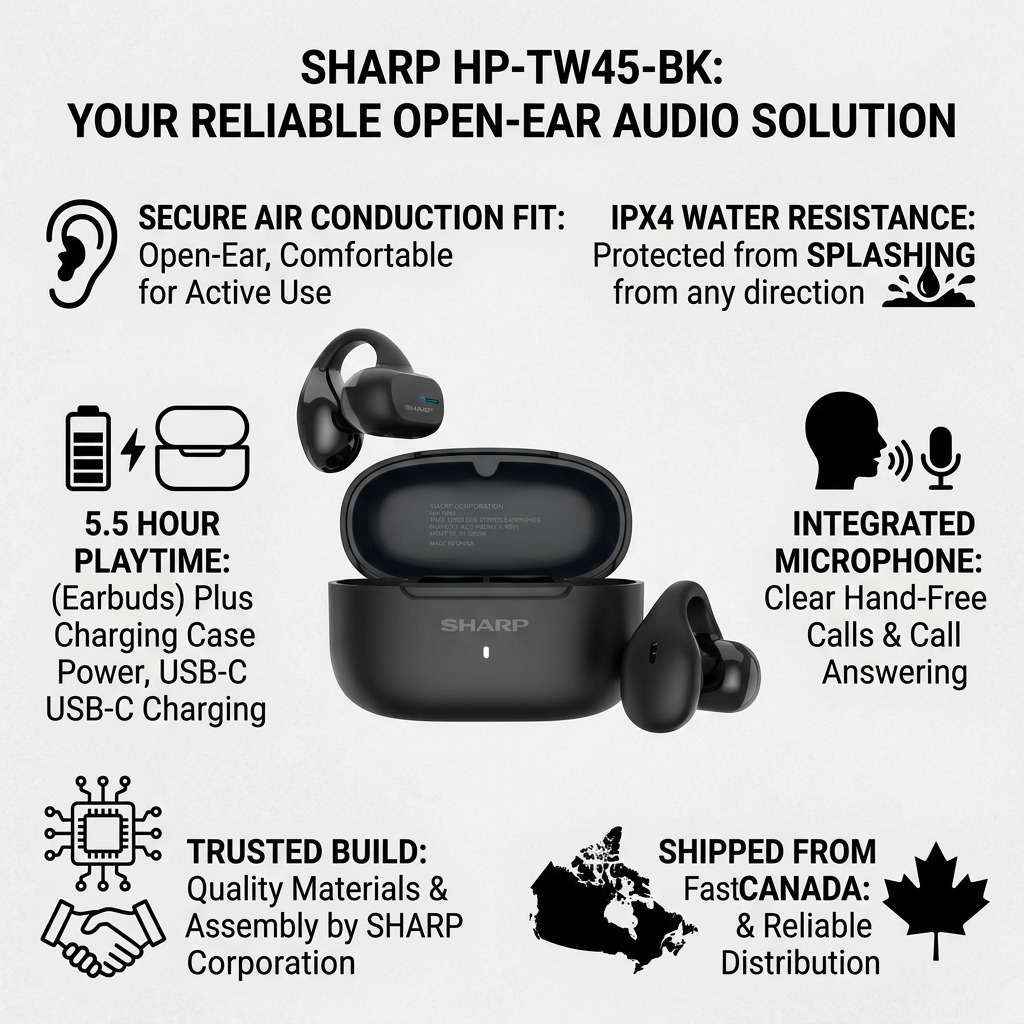 An ecommerce infographic with the black Sharp HP-TW45-BK earbuds and case at its center. Clean, neutral icons and text call out key specifications and features to build trust and authority. This includes "SHARP QUALITY ASSURED," "SECURE EARCLIP DESIGN," "IPX4 WATER RESISTANT," "BLUETOOTH 5.3 TECHNOLOGY," "SHARP CORPORATION CANADA," and "FAST CANADIAN SHIPPING," a clear visualization of datasheet specifications and Canadian market focus without any fictional service claims.