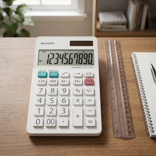 A photograph displays the SHARP EL377W calculator resting beside a standard 12-inch office ruler on a desk, providing a clear scale reference.