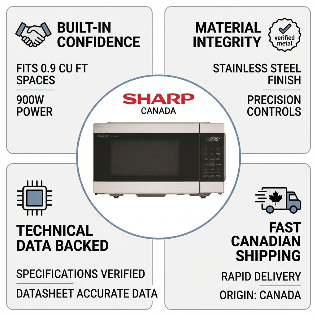 Sharp Canada 3-in-1 Microwave Air Fryer infographic highlighting stainless steel and fast shipping.