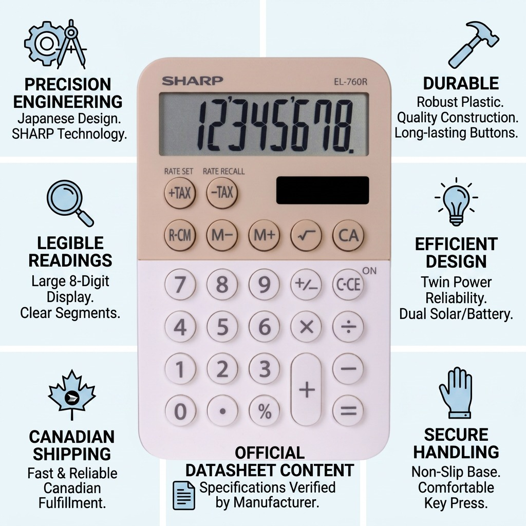Infographic for SHARP EL760R calculator, highlighting features like durability, precision engineering, and Canadian shipping.