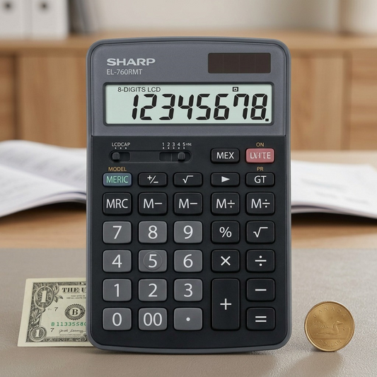 A photo of the Sharp EL-760RMT calculator beside a US quarter for scale reference on an office desk.