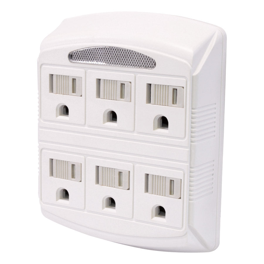 Adaptateur mural à 6 prises avec veilleuse - 125 V - 15 A - Blanc