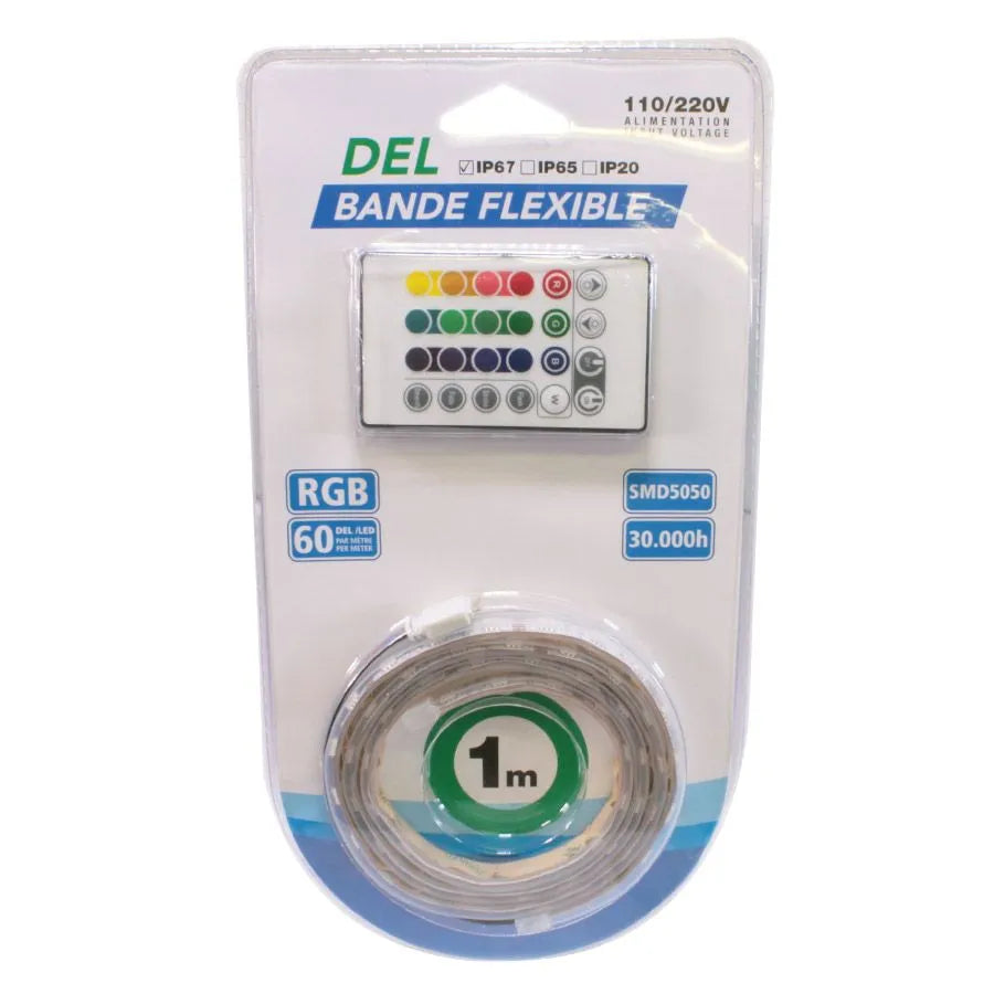 Bande DEL flexible avec télécommande - 12 V - 60 DEL/m - IP67 - RVB - 1 m