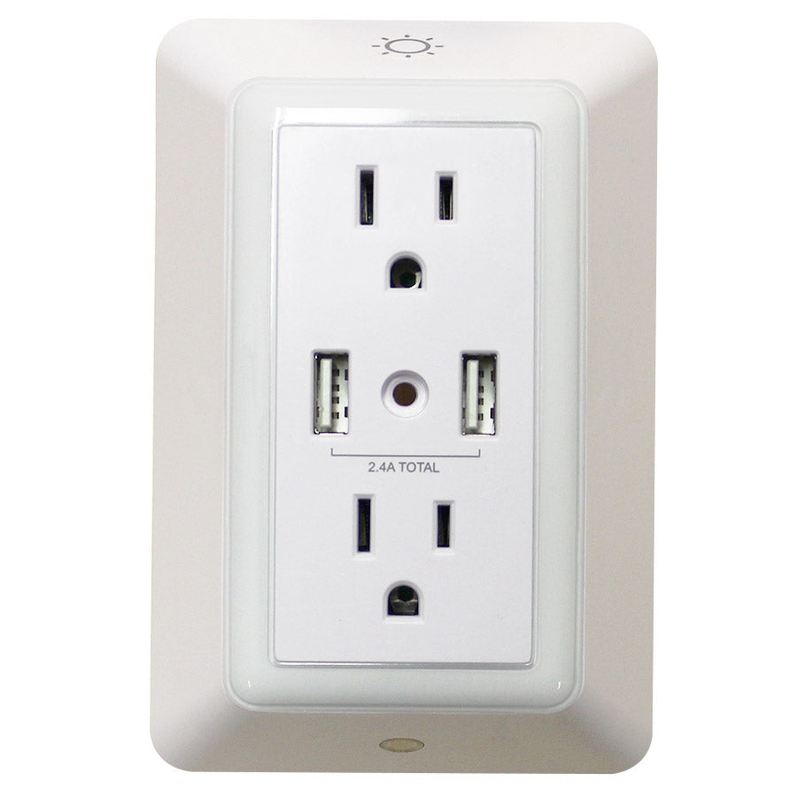 Prise murale double avec 2 ports USB 2.4 A et veilleuse tactile - Blanc