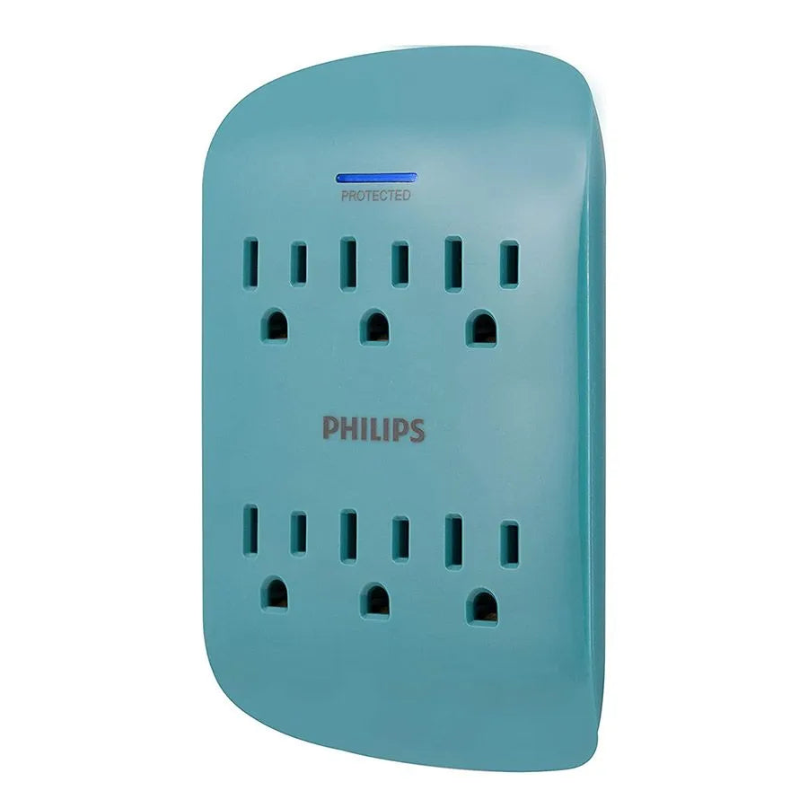 Adaptateur mural à 6 prises avec protection contre les surtensions - 900 joules - 15 A - Bleu