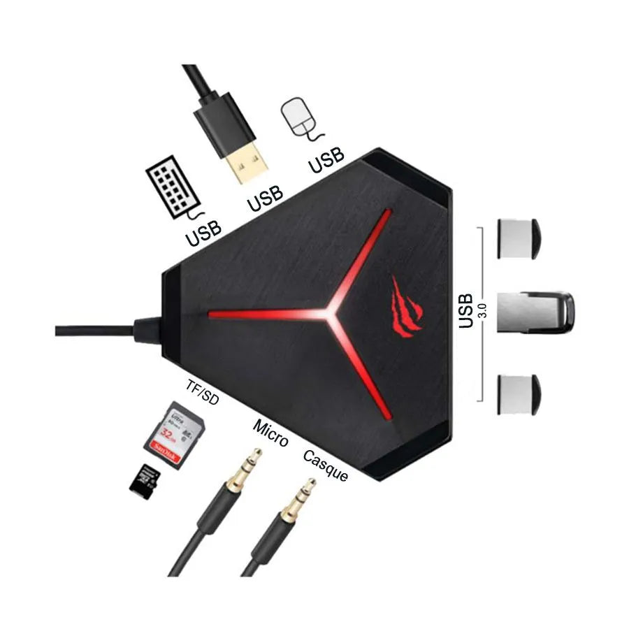 Concentrateur multi-interface à 9 ports - 6 x USB/TF/SD/Microphone