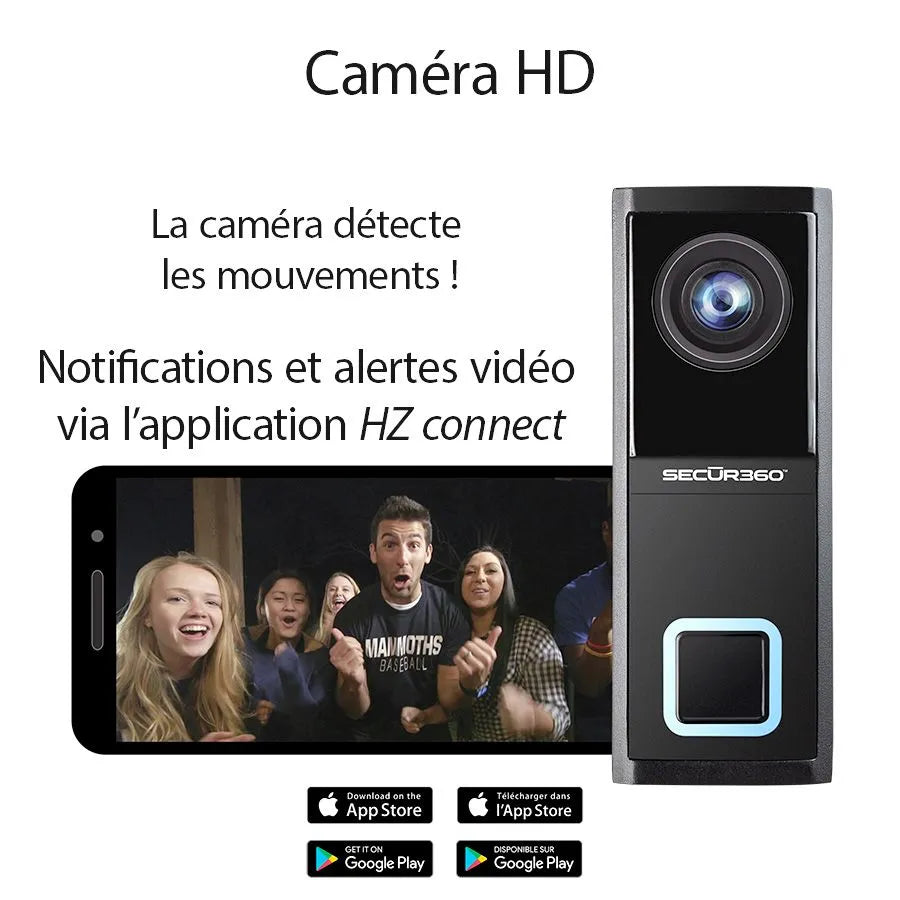 Sonnette Wi-Fi intelligente filaire avec caméra HD - Noir