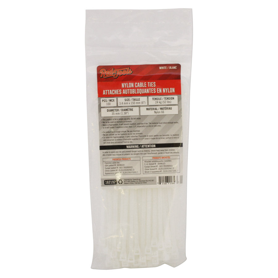 Attache autobloquante en nylon 6″ - Blanc - Paquet de 100