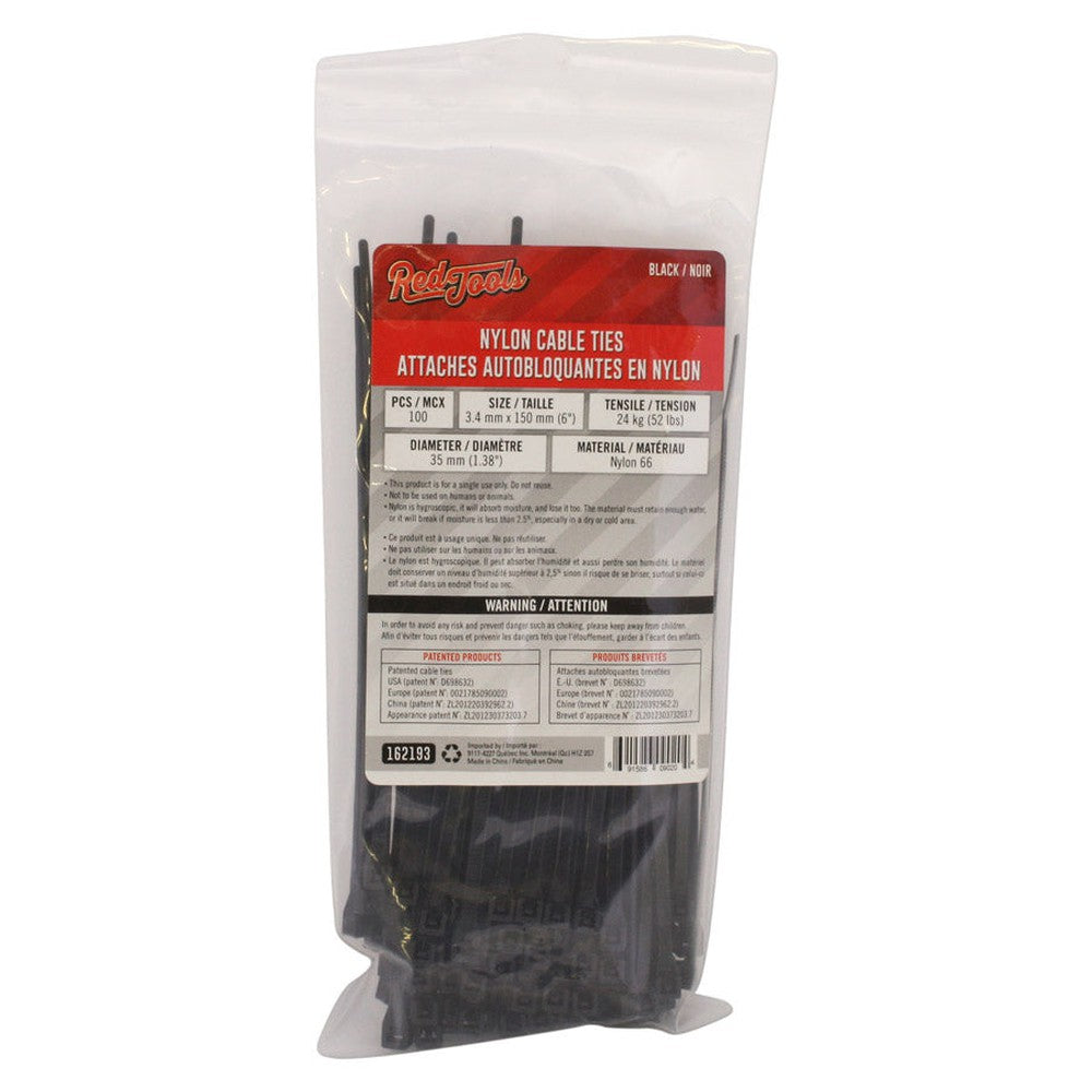 Attache autobloquante en nylon 6″ - Noir - Paquet de 100