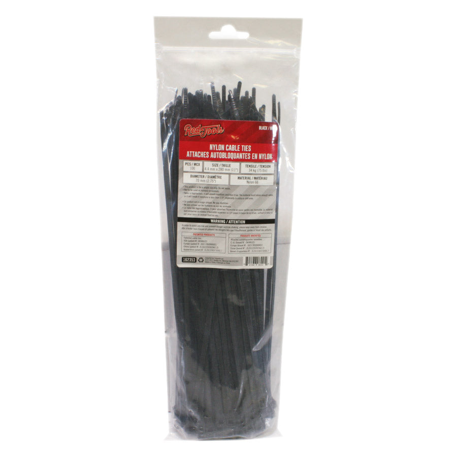 Attache autobloquante en nylon 11″ - Noir - Paquet de 100