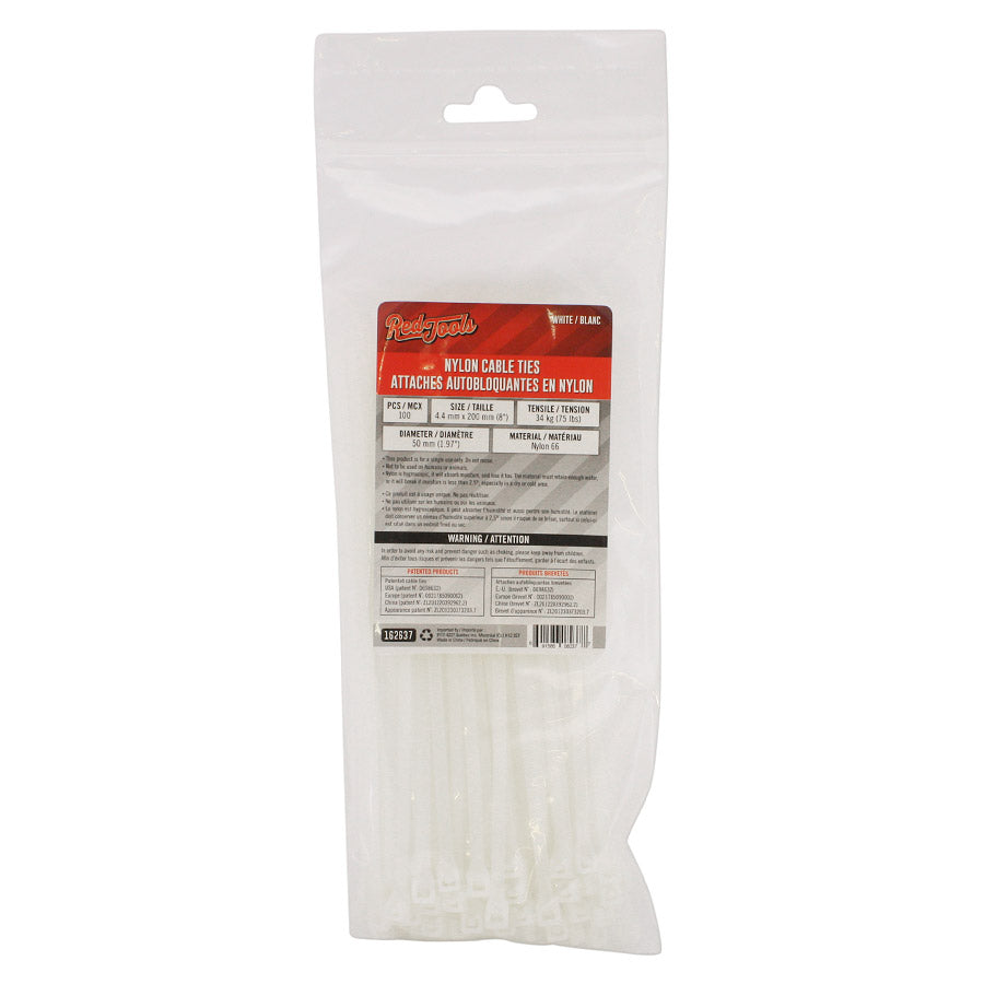 Attache autobloquante en nylon 8′′ - Blanc - Paquet de 100