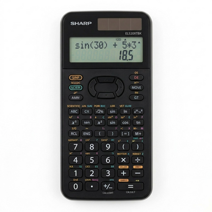 High-resolution hero product shot of the black Sharp EL520XTBK scientific calculator on a pure white background.