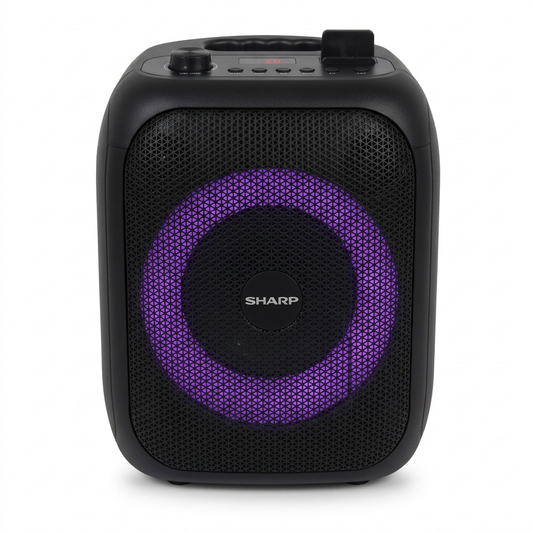 A pure high-resolution ecommerce hero shot of the SHARP PS-914 speaker, standalone with purple LED light.