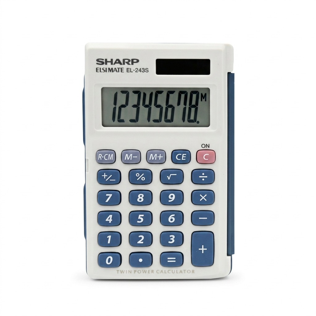 A high-resolution primary product shot of the white and blue Sharp EL243S calculator on a pure white background.