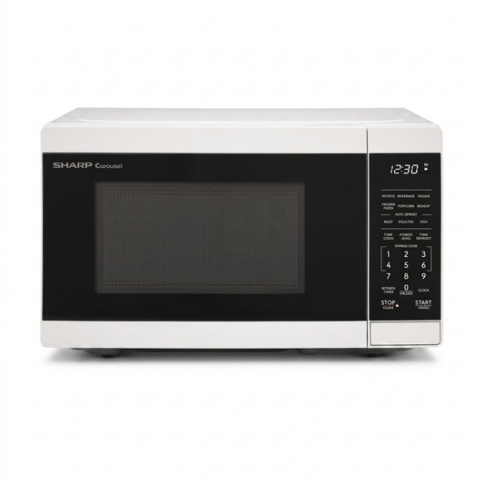 High-resolution pure white backdrop hero shot of the SHARP Carousel 0.7 cu. ft. White Countertop Microwave.