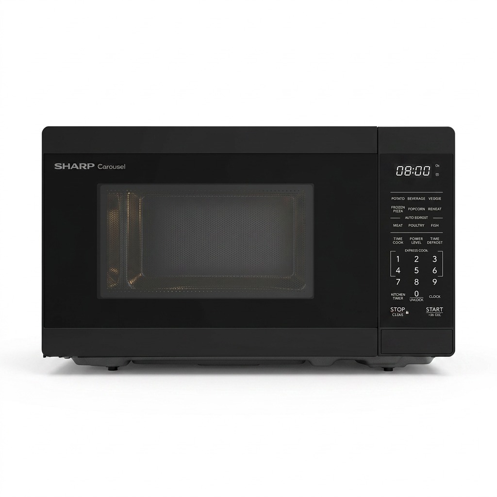 A clean, frontal photo of the empty Sharp SMC0760KBC black microwave against a white background.