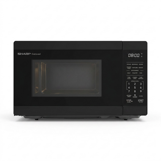 A clean, frontal photo of the empty Sharp SMC0760KBC black microwave against a white background.