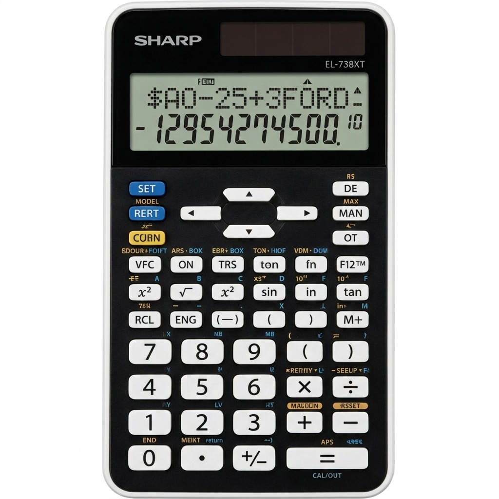 High-resolution hero shot of the SHARP EL738XT Financial Calculator, centered on a pure white background.