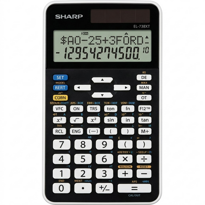 High-resolution hero shot of the SHARP EL738XT Financial Calculator, centered on a pure white background.
