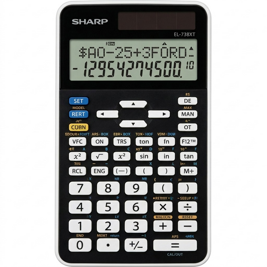 High-resolution hero shot of the SHARP EL738XT Financial Calculator, centered on a pure white background.