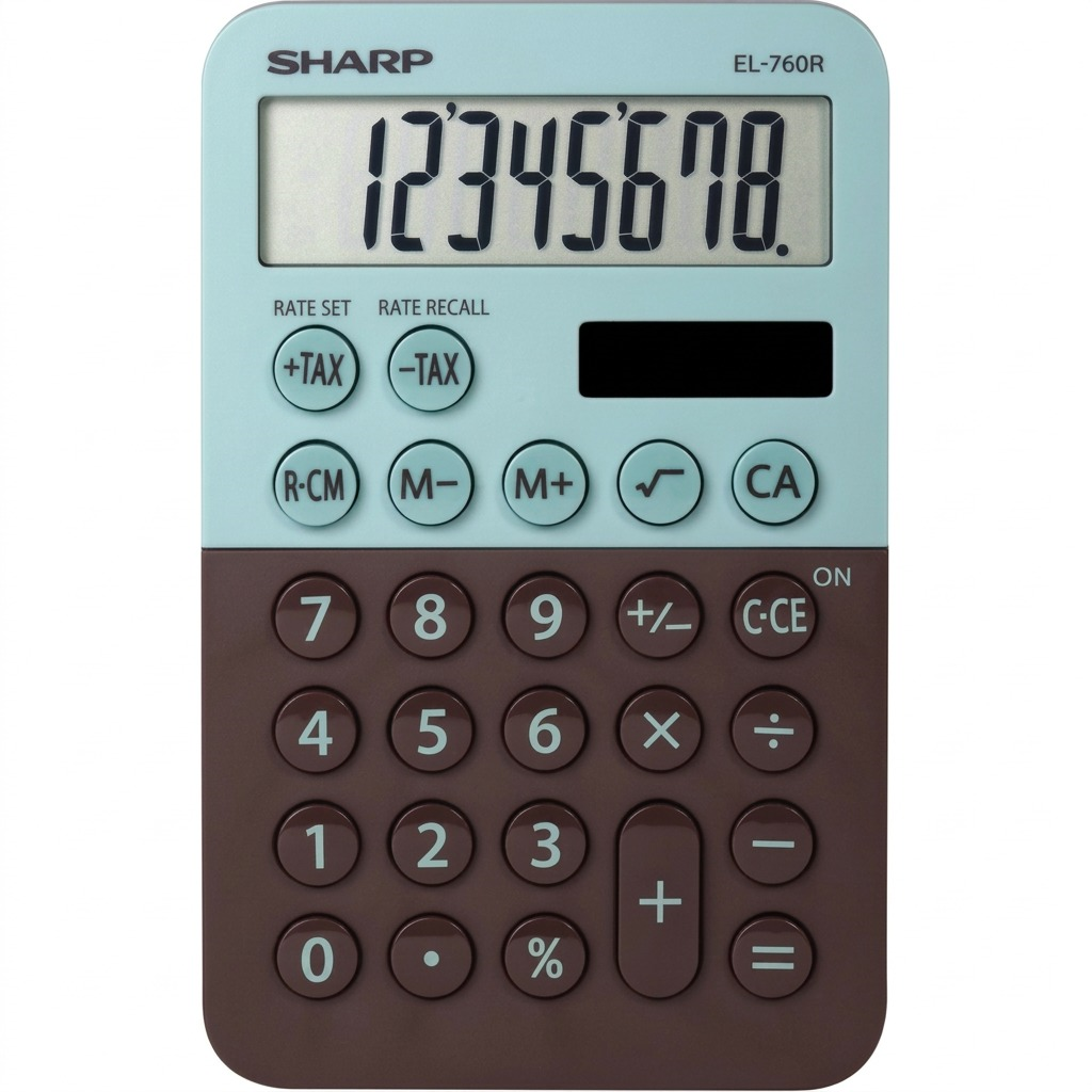 A high-resolution, centered view of the SHARP EL-760RBMT Mint Chocolate 8-digit calculator on a pure white background.