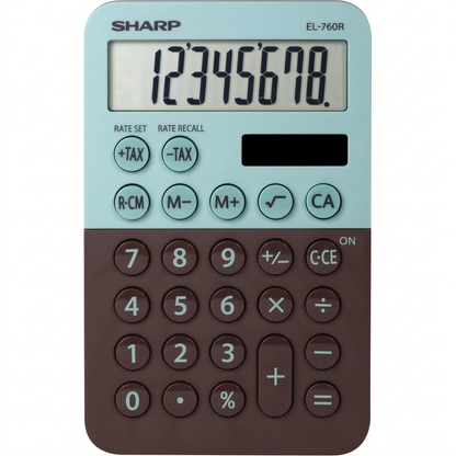 A high-resolution, centered view of the SHARP EL-760RBMT Mint Chocolate 8-digit calculator on a pure white background.