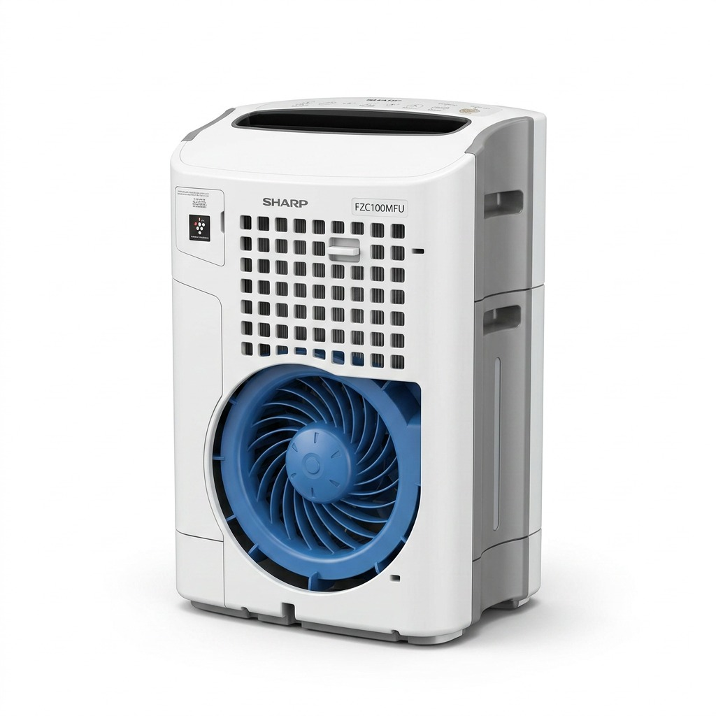 Pure product shot of the white SHARP FZC100MFU Humidifying Filter in 3/4 perspective on a white background.