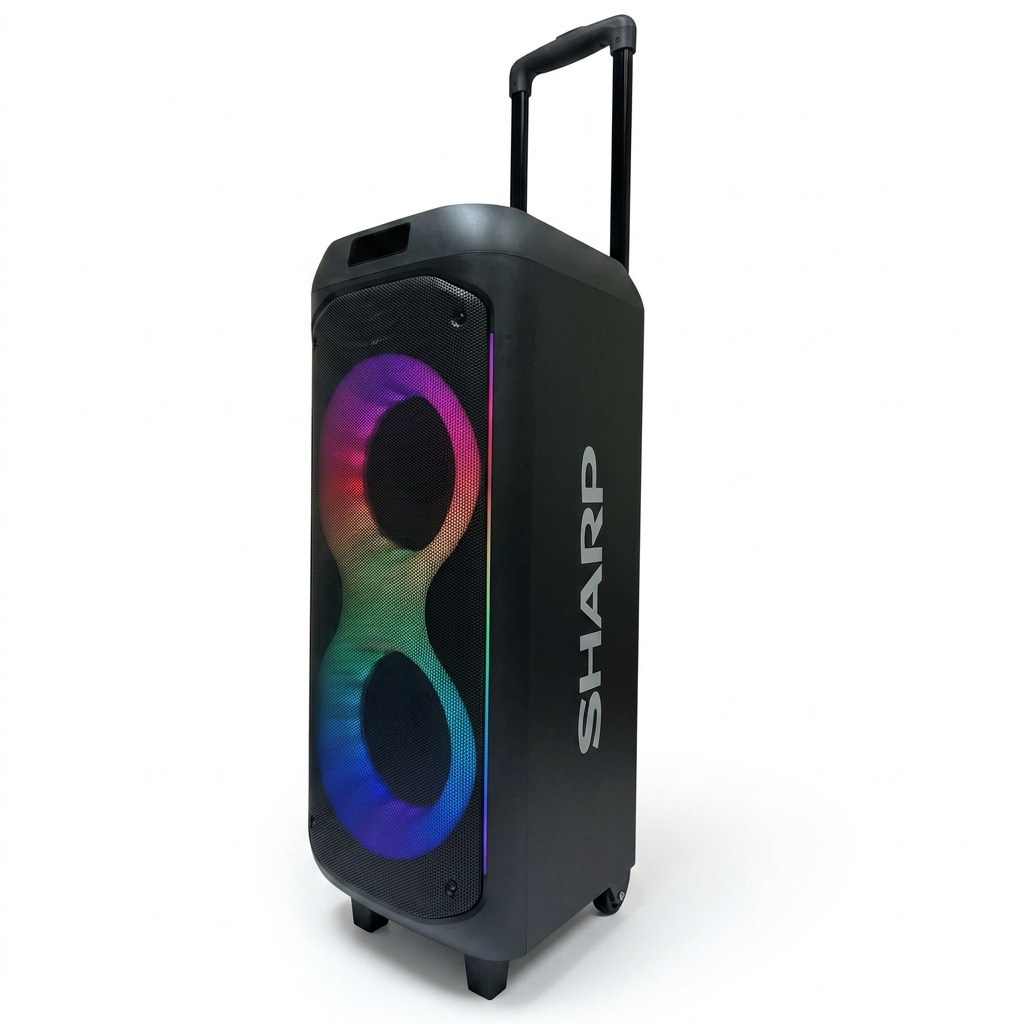 Sharp PS-935 Portable Party Speaker with RGB LED lighting, telescoping handle, and trolley wheels.