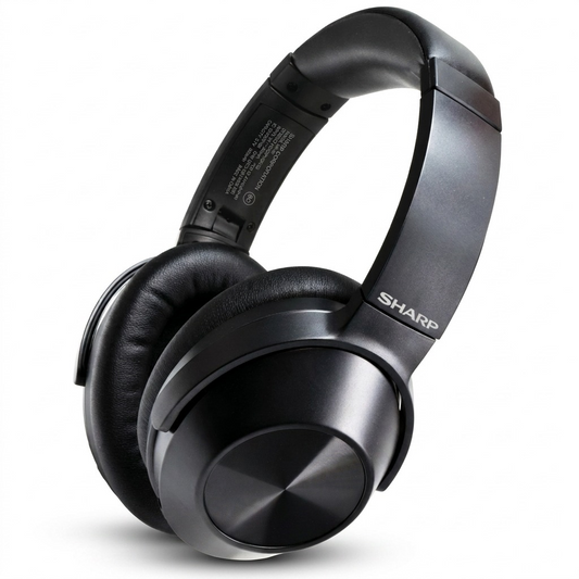 A flawless product photograph of the black Sharp HP-60 headphones centered on a pure white background.