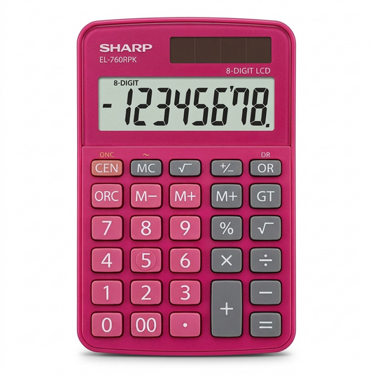 Pure white background features a centered raspberry pink SHARP EL-760RPK 8-digit calculator.