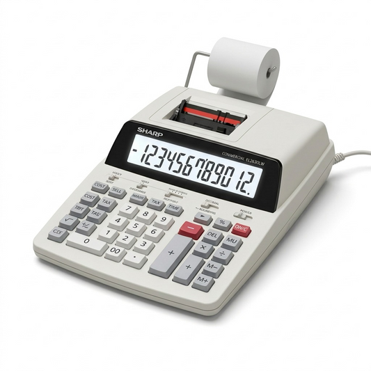 A crisp, pure-white-background commercial hero photograph of the SHARP EL2630LW 12-Digit Commercial Printing Calculator.