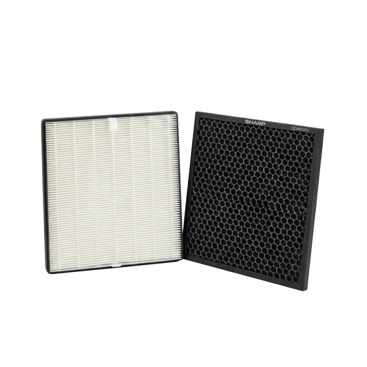 A pristine, two-filter kit of genuine SHARP FZ-A40SFU true HEPA and deodorizing filters on a pure white background.