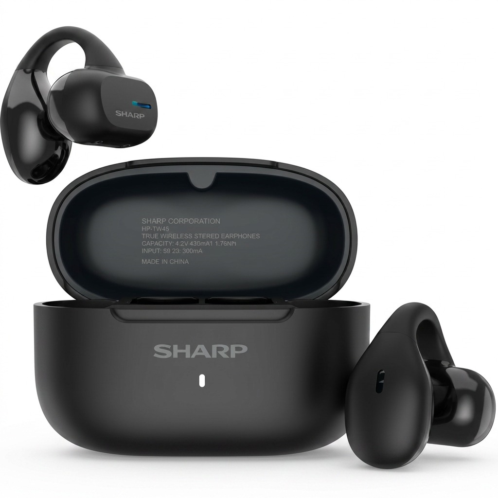 Sharp HP-TW45-BK True Wireless Earbuds in charging case, high-resolution hero shot.
