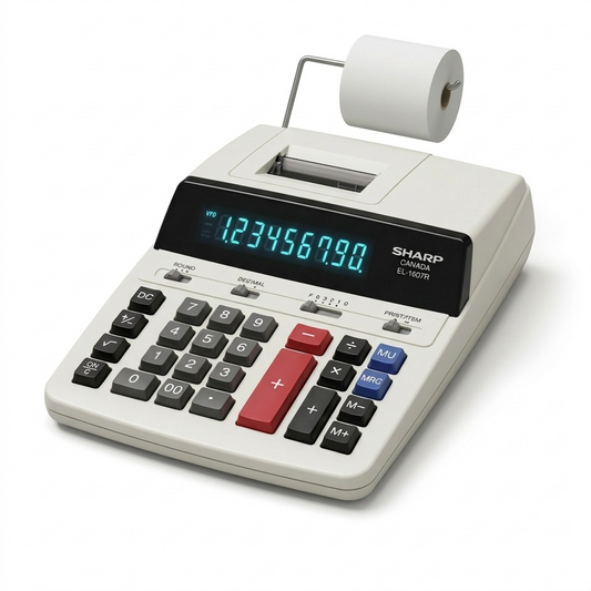 High-resolution hero shot of the Sharp EL-1607R Printing Calculator centered on a pure white background.