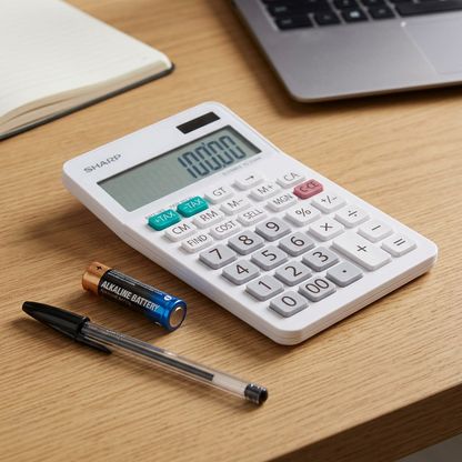 A visual comparison of the SHARP EL334W calculator next to a standard AA battery and ballpoint pen.