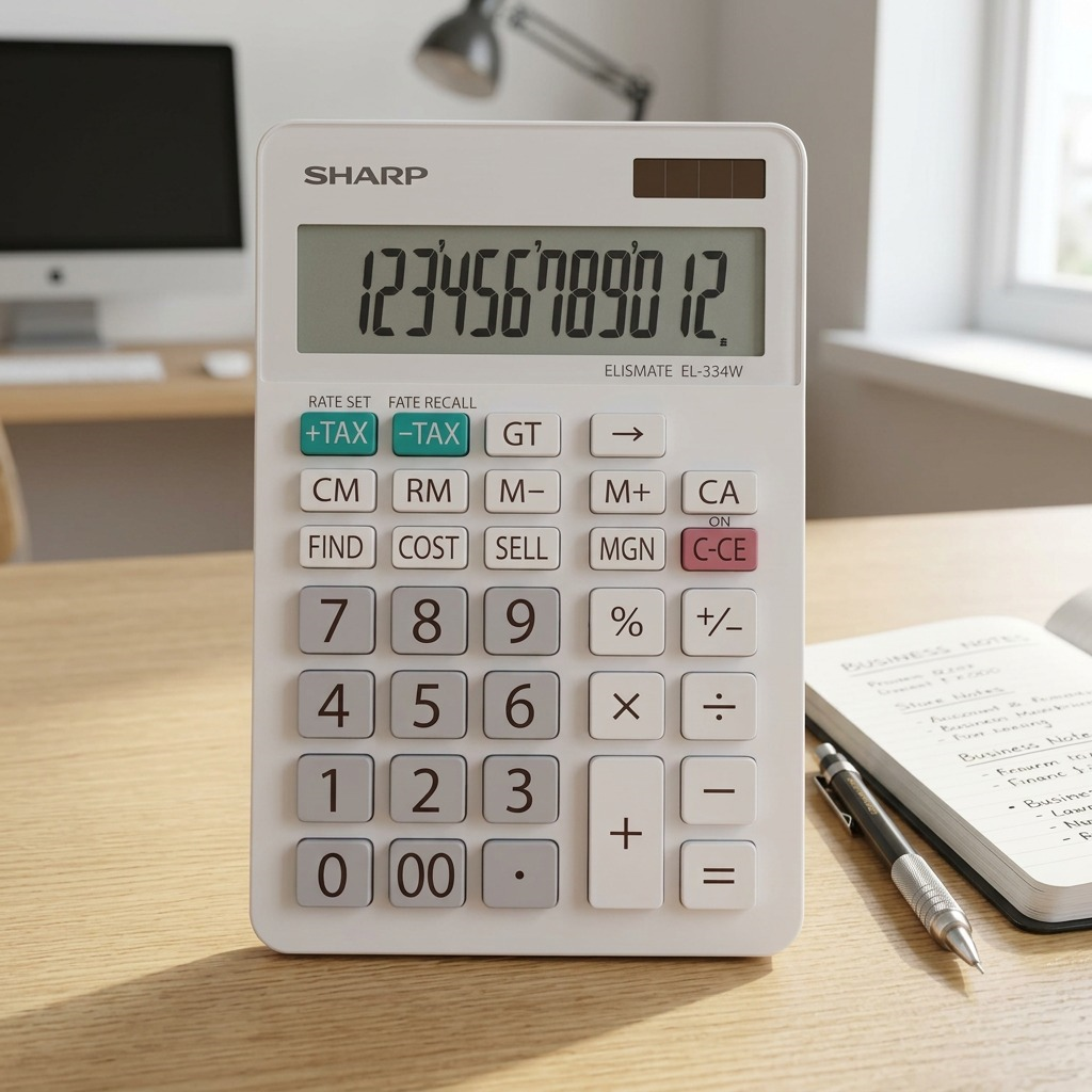 Lifestyle product photo: SHARP EL334W 12-digit calculator on a clean desk with a pen and notebook.