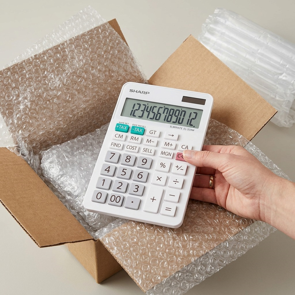 A photo-realistic unboxing scene with a Sharp EL334W calculator inside protective bubble padding.