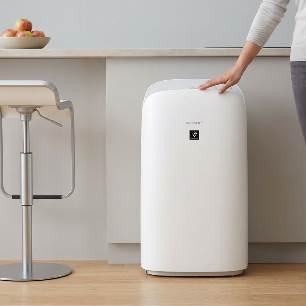 A professional scale reference photograph of the Sharp KCP70CW air purifier, placed beside a standard kitchen counter for visual context on size. The white appliance maintains the exact design details from the main product image.