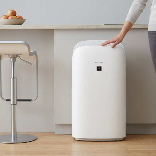 A professional scale reference photograph of the Sharp KCP70CW air purifier, placed beside a standard kitchen counter for visual context on size. The white appliance maintains the exact design details from the main product image.
