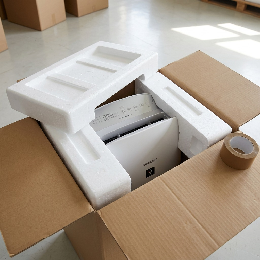 Sharp KCP70CW air purifier protected by neutral foam inserts inside an unboxed brown shipping crate on a concrete floor.