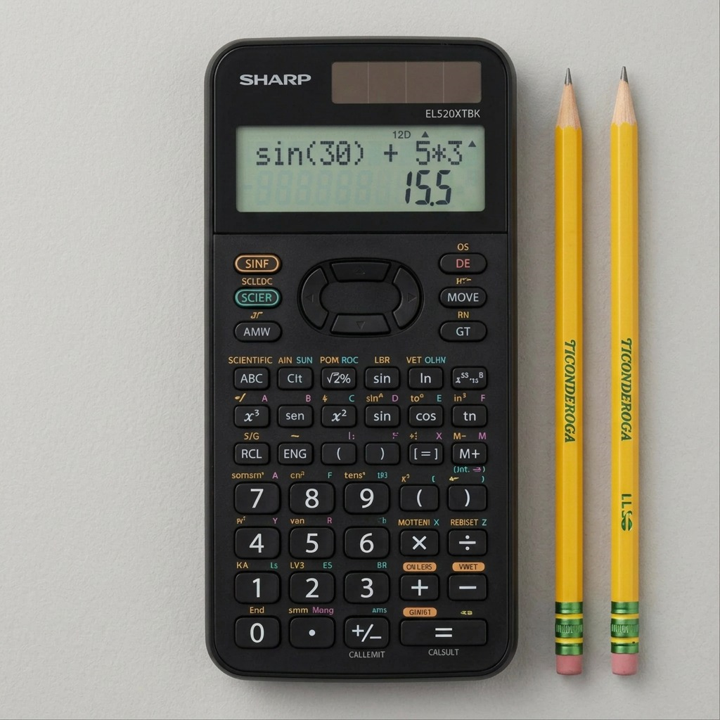 A SHARP EL520XTBK scientific calculator scaled accurately beside two common pencils on a desk surface.