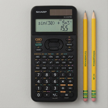 A SHARP EL520XTBK scientific calculator scaled accurately beside two common pencils on a desk surface.
