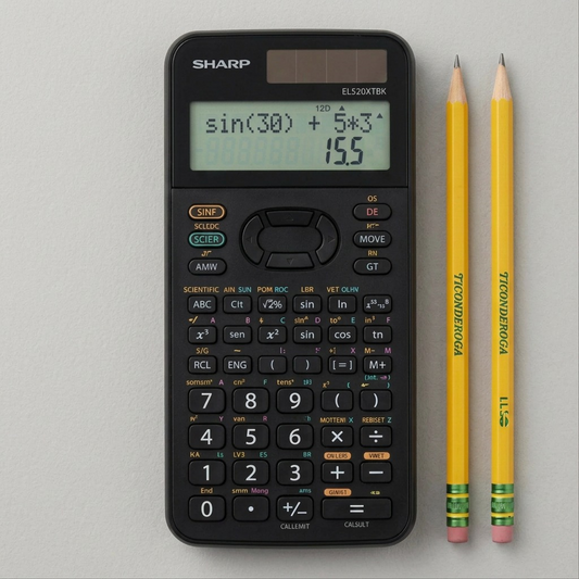 A SHARP EL520XTBK scientific calculator scaled accurately beside two common pencils on a desk surface.