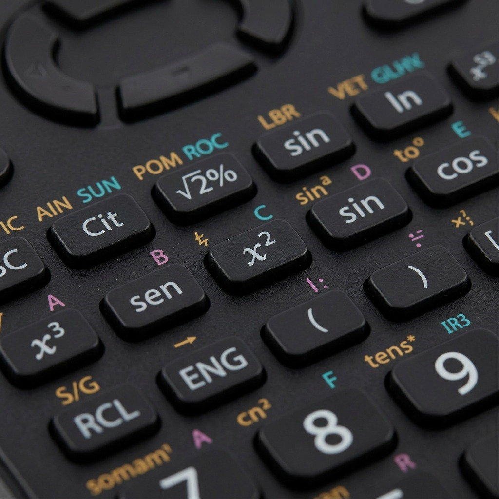 An extreme macro photograph capturing the precise, multi-colored button labels and complex display of the Sharp EL520XTBK.