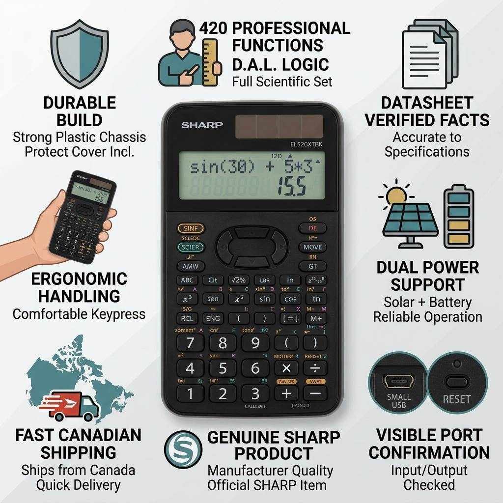 A professional infographic featuring the SHARP EL520XTBK calculator with clear icons for reliability, features, and fast processing.